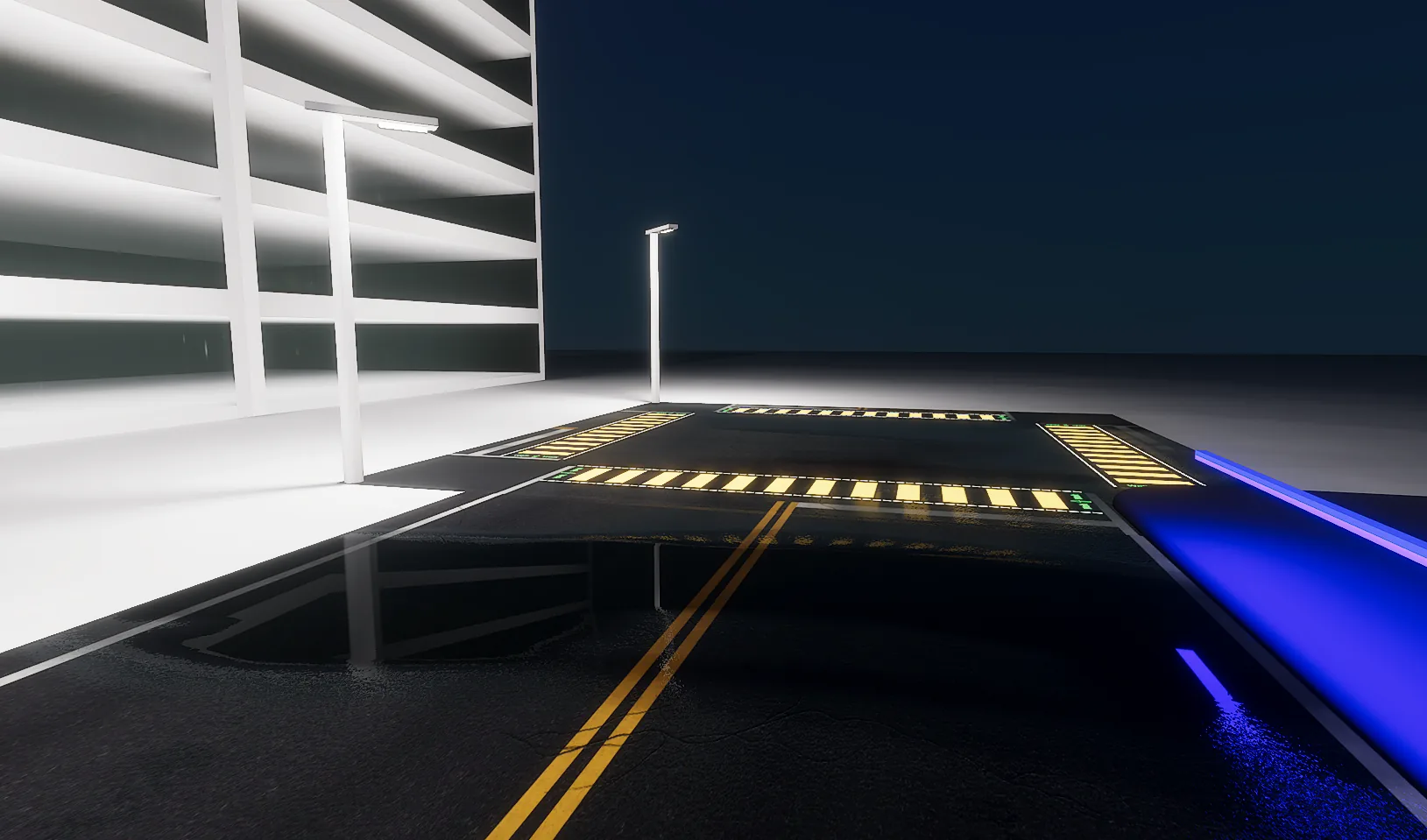 Intersection with glowing yellow LED crosswalk bars and a puddle reflecting the road lines