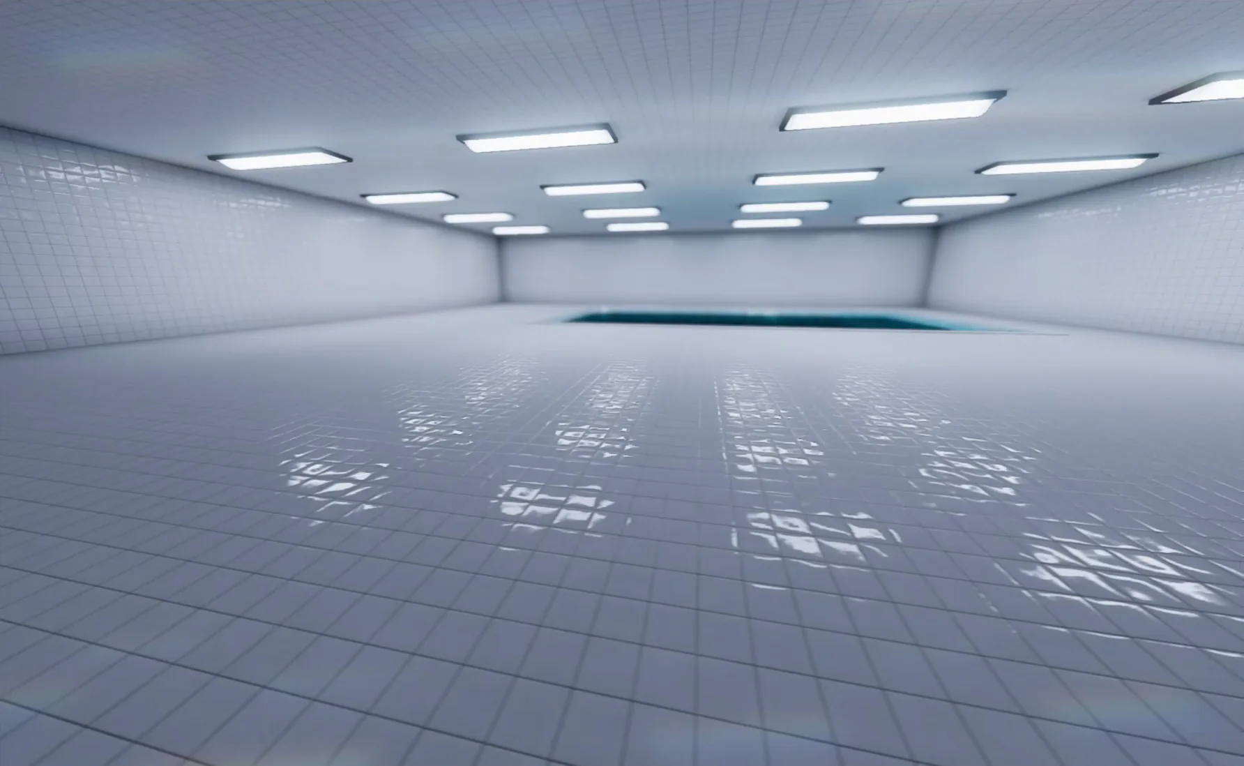 Pool Rooms: a wide tiled deck reflecting rows of ceiling lights, the pool at the far end