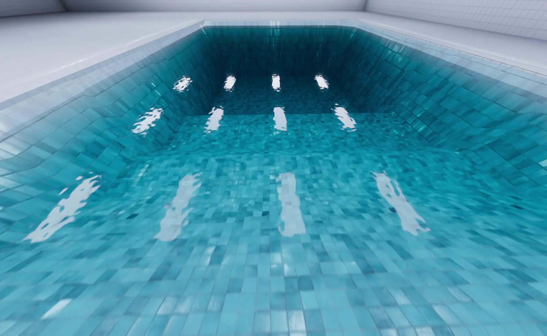 View from the water surface with light streaks on the tiled pool floor