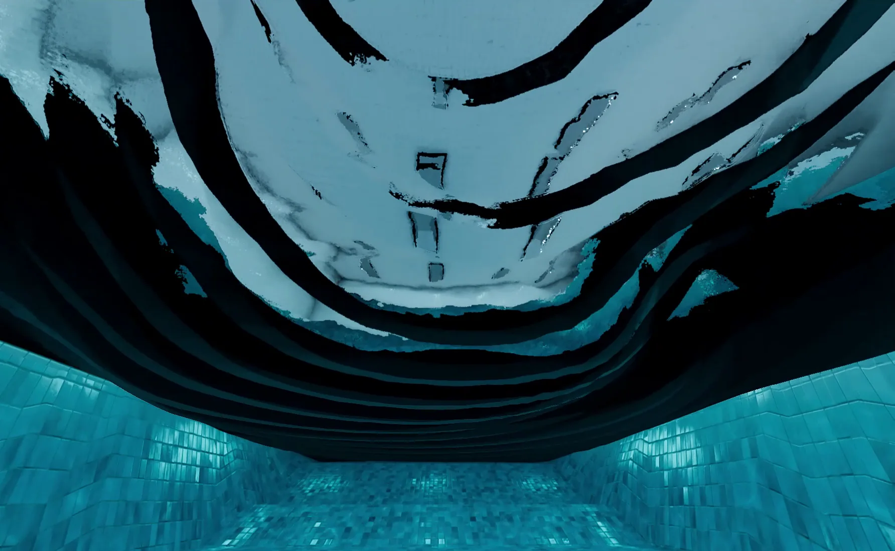 Underwater view looking up at the distorted surface and room above